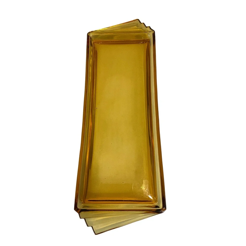 Antique Vintage Czech Art Deco Amber Glass 5-Piece Vanity Set Serving Tray MCM